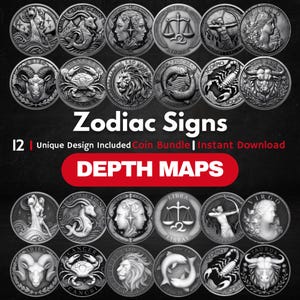 Zodiac Signs Coin Depth Map Bundle: 3D Depth Maps for Laser Engraving (PNG + Depthmaps)