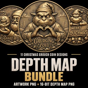 Könnte beinhalten: Eine digitale Sammlung von 11 Weihnachts-Grouch-Münzdesigns mit Relief-Illustrationen einer mürrischen Figur mit Mütze. Die mittlere Münze zeigt die Figur, die mit ihren Händen ein Herz über dem Schriftzug Grudging Love formt.