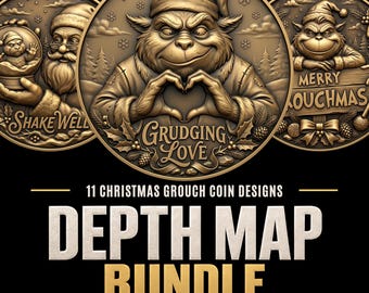 11 Christmas Grouch Coin Depth Map PNGs: Laser Engraving Relief Designs (Digital Download)