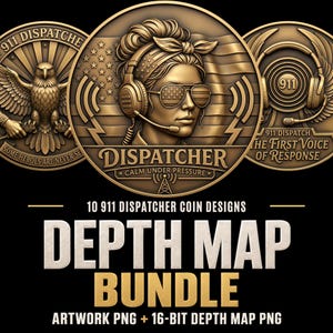 Puede incluir: Una colección de tres monedas circulares en tonos bronce con temas de operadores del 911, incluyendo un águila, una persona con auriculares y gafas de sol con patrón de bandera, y un logo 911 con alas. El texto dice 10 911 DISPATCHER COIN DESIGNS DEPTH MAP BUNDLE.