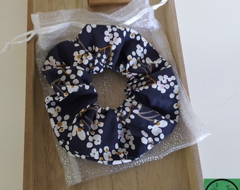 Blue flower hair scrunchie for women, children or teenagers, Japanese style, unique and inexpensive birthday gift idea