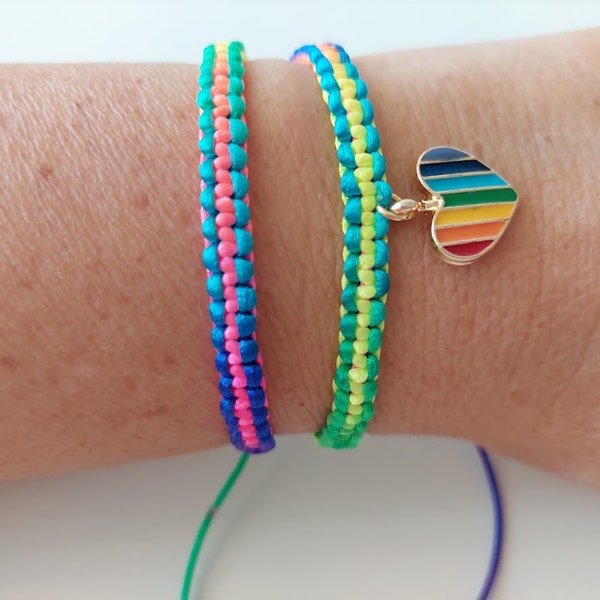 Rainbow Heart Charm Friendship Bracelets, Neon Colorful Lucky Boho Jewelry, Wish  Wristband Adjustable  Bracelet
