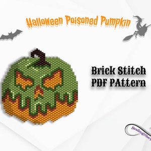 May include: A green and orange beaded pumpkin with a scary face. The pumpkin is melting and dripping. The text "Halloween Poisoned Pumpkin Brick Stitch PDF Pattern" is above the pumpkin. The text "BeadingNBeyond" is below the pumpkin.