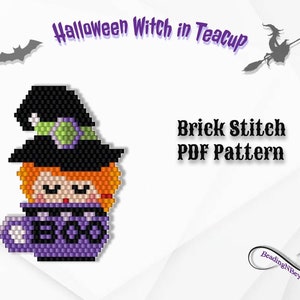 May include: A brick stitch beading pattern for a Halloween witch in a teacup. The witch is wearing a black hat with a green band and has orange hair. The teacup is purple with the word "BOO" on it.