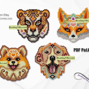 Animal Beading Patterns, Brick Stitch Fox, Beaded Fox Earrings, Mandala Dog Beading Pattern, Beaded Tiger, Miyuki Delica Beads