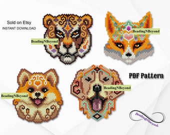 Animal Beading Patterns, Brick Stitch Fox, Beaded Fox Earrings, Mandala Dog Beading Pattern, Beaded Tiger, Miyuki Delica Beads