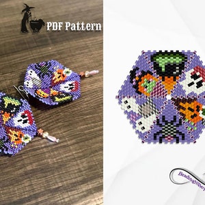 May include: A pair of purple and white beaded earrings with a Halloween theme. The earrings are shaped like hexagons and feature various Halloween icons, including ghosts, pumpkins, bats, and spiders. The earrings are accented with small silver beads and have a dangling charm.