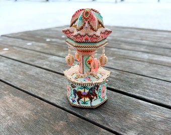 3D Beaded Carousel, Beaded Carousel Box, Beaded Lantern, Beaded Carousel Tealight Holder, Handmade Decor, Trinket Box, Handmade Gift