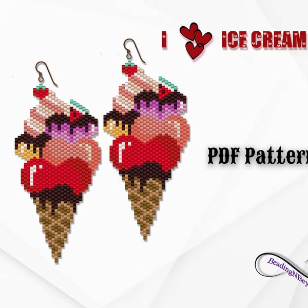 Beaded Ice Cream Pattern, Beaded Heart Earrings Pattern, Brick Stitch Ice Cream Cone, Peyote Stitch Ice Cream, Miyuki 11/0 Delica Seed Beads