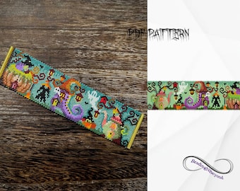 Patrón de pulsera de cuentas, marcapáginas de cuentas de Halloween, punto peyote de conteo par, pulsera de hadas caprichosa, cuentas Miyuki Delica 11/0