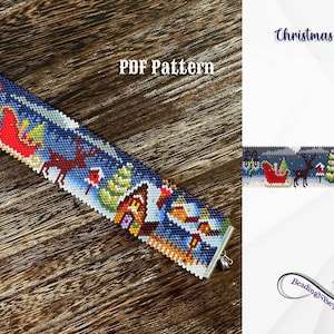 Cuff Bracelet Bead Pattern, Christmas Beaded Bookmark, Even Count Peyote Stitch, Christmas House Beading Pattern, Miyuki Delica