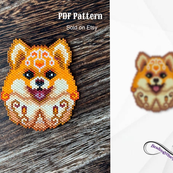 Pomeranian Dog Beading Pattern, Beaeded Mandala DogBrooch, Beaded Dog Pendant, Brick Stitch Pomeranian, Miyuki Delica 11/0 Seed Beads