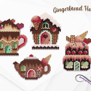 Christmas House Beading Pattern, Gingerbread House Pattern, Beaded Teapot, Beaded Cake, Beaded Mug, Brick stitch House, Miyuki Delica Beads,