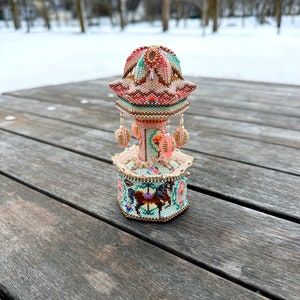 Beaded Carousel Box, Beaded 3D Carousel Tealight Holder, Carousel Trinket Box, Step-by-Step Tutorial, Miyuki Delica 11/0 Beads image 2