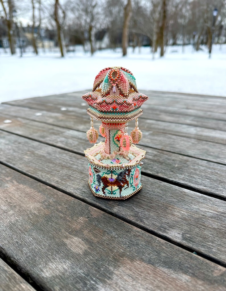 Beaded Carousel Box, Beaded 3D Carousel Tealight Holder, Carousel Trinket Box, Step-by-Step Tutorial, Miyuki Delica 11/0 Beads image 2