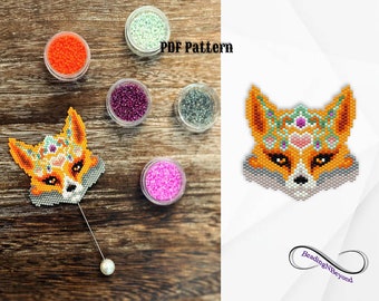 Fox Beading Pattern, Beaeded Mandala Fox Brooch, Beaded Fox Earrings, Brick Stitch Fox, Miyuki Delica 11/0 Seed Beads