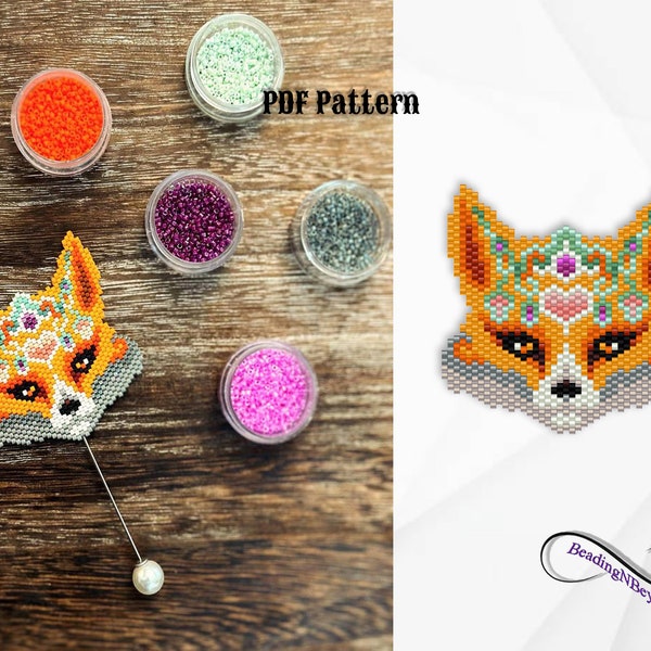 Fox Beading Pattern, Beaeded Mandala Fox Brooch, Beaded Fox Earrings, Brick Stitch Fox, Miyuki Delica 11/0 Seed Beads