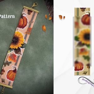 May include: A beaded bracelet with a pattern of sunflowers, leaves, and pumpkins. The bracelet is made with beige, brown, yellow, orange, and green beads. The bracelet is on a green background. The text "PDF Pattern" is in the top left corner of the image.