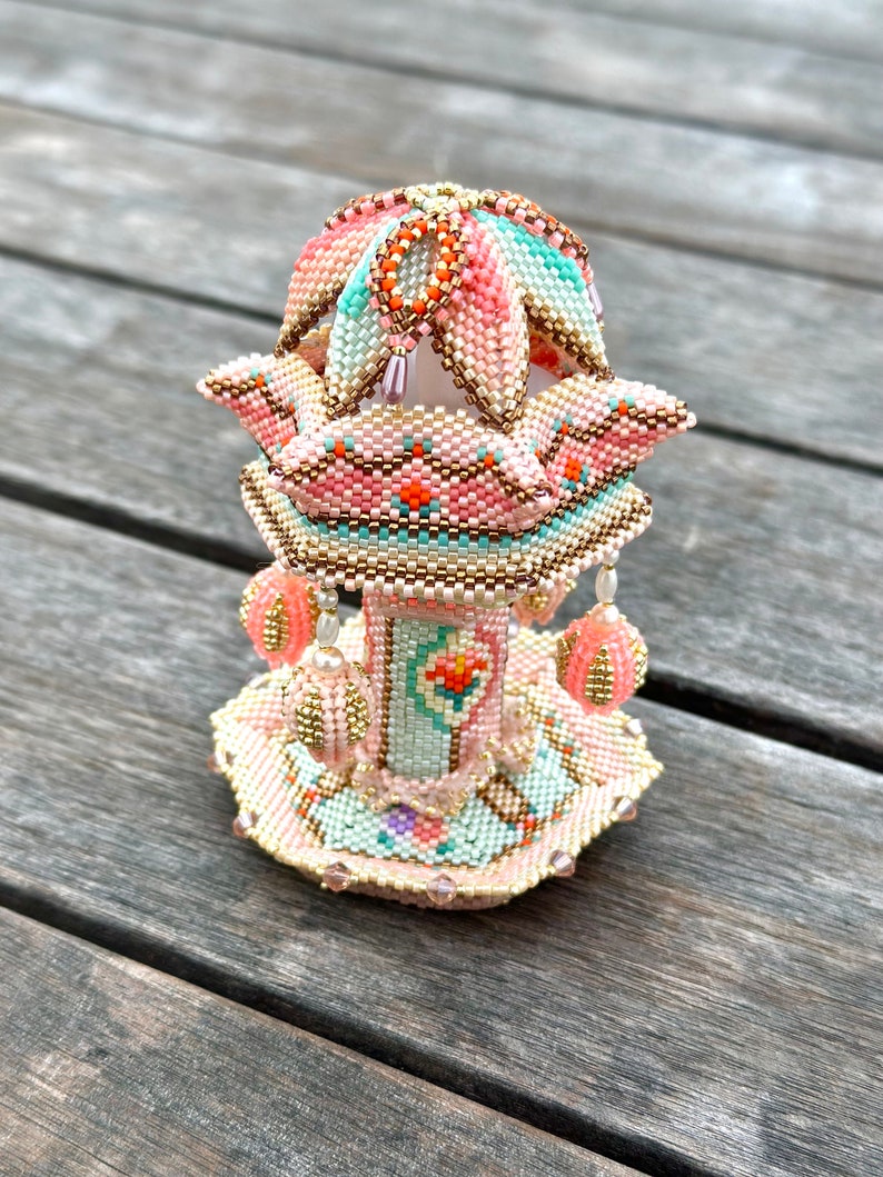 Beaded Carousel Box, Beaded 3D Carousel Tealight Holder, Carousel Trinket Box, Step-by-Step Tutorial, Miyuki Delica 11/0 Beads image 3