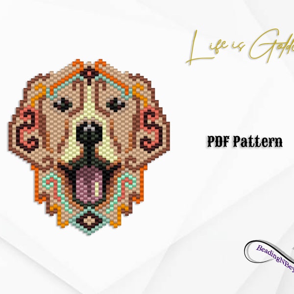 Golden Retriever Bead Pattern, Dog Beading Pattern, Brick Stitch Dog, Beaded Dog Brooch, Miyuki Delica 11/0 Seed Beads
