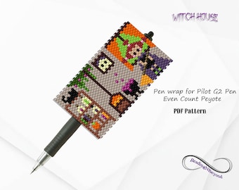 Pen Wrap Bead Pattern, Halloween Night Pen Wrap, Beaded Witch, Beaded Ghost, Beaded Cat, Miyuki Delica 11/0 Beads