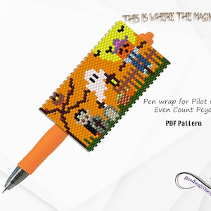 Pen Wrap Kraal Patroon, Halloween Night Pen Wrap, Beaded Scarecrw, Beaded Ghost, Beaded Vampire, Miyuki Delica 11/0 Kralen