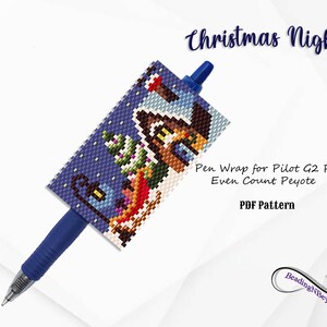 May include: A beaded pen wrap pattern for a Pilot G2 pen. The pattern features a winter scene with a house, a tree, and a sled. The pattern is for even count peyote stitch. The text "Christmas Night" is at the top of the image. The text "Pen Wrap for Pilot G2 Pen Even Count Peyote PDF Pattern" is in the middle of the image. The text "Beading NBeyond" is at the bottom of the image.