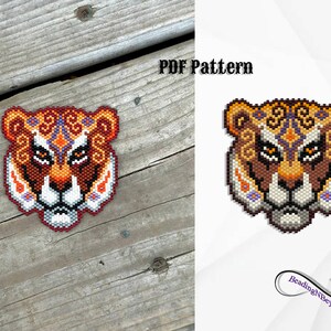May include: A beaded tiger head pattern in orange, brown, white, and purple. The pattern is for beading and is available as a PDF download. The text "PDF Pattern" is at the top of the image.