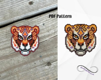 Tiger Beading Pattern, Beaeded Mandala Tiger Brooch, Beaded Tiger Pendant, Brick Stitch Tiger, Miyuki Delica 11/0 Seed Beads