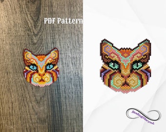 Cat Beading Pattern, Beaeded Mandala Cat Brooch, Beaded Cat Earrings, Brick Stitch Cat, Miyuki Delica 11/0 Seed Beads