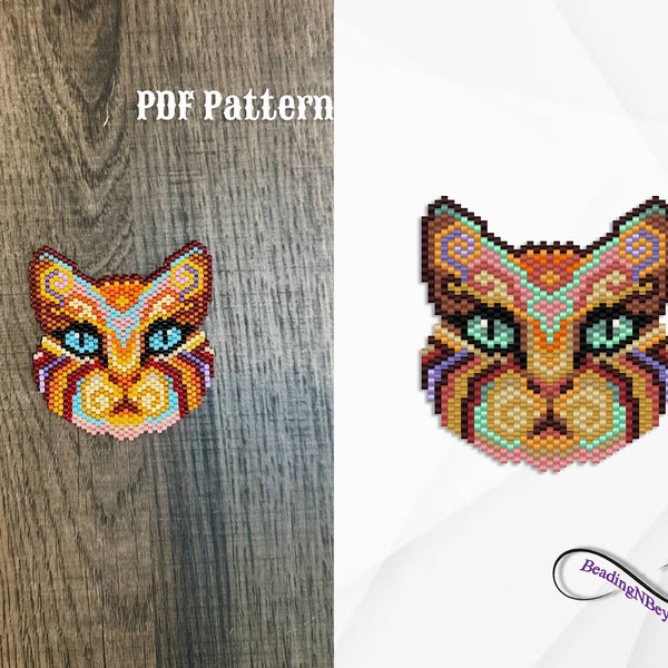 Cat Beading Pattern, Beaeded Mandala Cat Brooch, Beaded Cat Earrings, Brick Stitch Cat, Miyuki Delica 11/0 Seed Beads