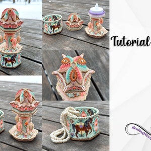 May include: A selection of beaded carousel-themed crafts. The crafts include a carousel-shaped box, a small round box, and a bracelet. The carousel box is pink, teal, and orange with a horse design. The word "Tutorial" is visible.