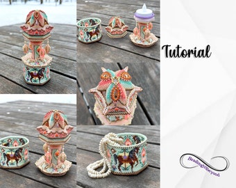 Caja de carrusel con cuentas, portavelas de carrusel 3D con cuentas, joyero de carrusel, tutorial paso a paso, cuentas Miyuki Delica 11/0