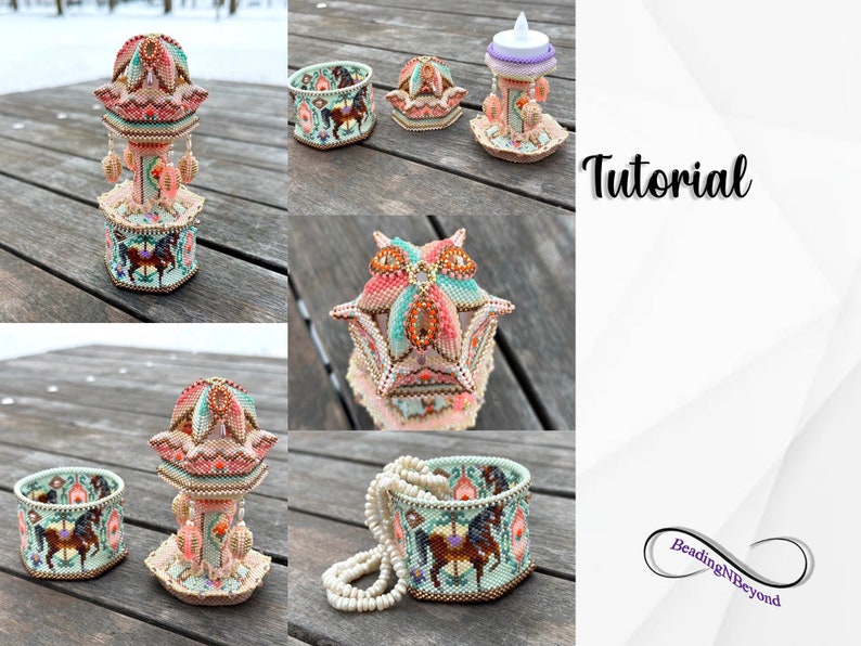 Beaded Carousel Box, Beaded 3D Carousel Tealight Holder, Carousel Trinket Box, Step-by-Step Tutorial, Miyuki Delica 11/0 Beads image 1