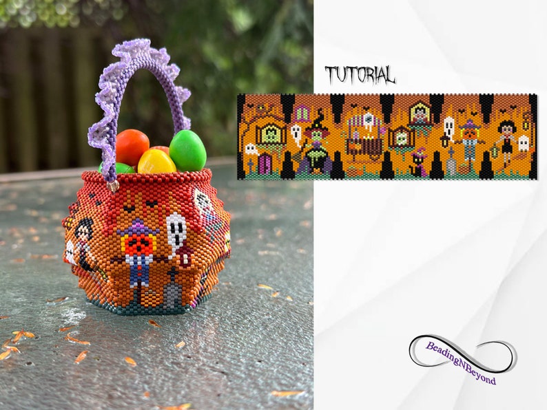 Puede incluir: Una peque&ntilde;a cesta redonda de cuentas naranjas con motivos de Halloween que incluyen fantasmas, un espantap&aacute;jaros y una bruja, con un asa morada con volantes. Al lado hay un patr&oacute;n de cuentas plano y rectangular etiquetado TUTORIAL.