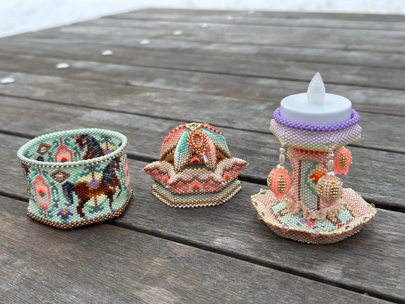 Beaded Carousel Box, Beaded 3D Carousel Tealight Holder, Carousel Trinket Box, Step-by-Step Tutorial, Miyuki Delica 11/0 Beads image 5