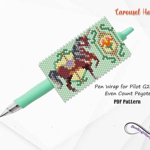May include: A beaded pen wrap featuring a colorful carousel horse design. The wrap is made with even count peyote stitch and is designed to fit a Pilot G2 pen. The pattern is available as a PDF download.