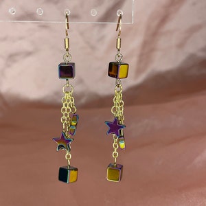 Hematite Star and Cube Drop Earrings, Rainbow Gemstone Dangle Earrings, Holographic Gemstone Earrings, Star Earrings, Rockstar Jewelry