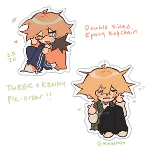 May include: Double-sided epoxy keychain featuring cartoon illustrations of two characters, one with orange hair and a blue eye, the other with orange hair and a red blush. The text "Tweek + Kenny Pre-order!!" is written below the characters. The keychain is 2.5 inches in diameter.