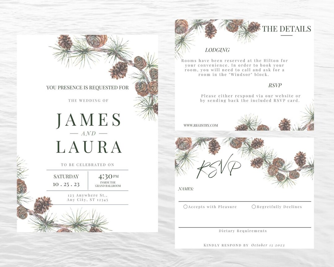 Winter Wedding Invitation Pine Cone Rustic Wedding Digital - Etsy