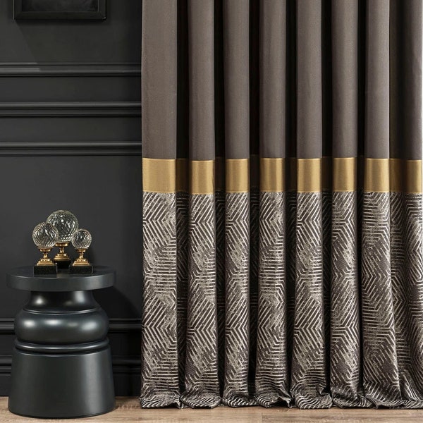 Gold Striped Window Curtains for Bedroom and Living Room, Minimalist Luxury Dark Drapery Panels for Home Decoration, Modern Wedding Gift