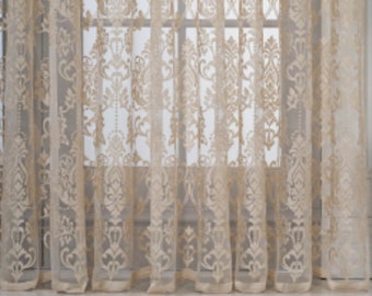 Custom Size Luxury Lace Embroidered Classic Sheer Curtains, Damask Ecru Cream Sheer Home Decor Curtains, Embroidery Tulle Window Curtains
