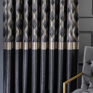 Custom Size Black and Gold Striped Luxury Curtains, Geometric Home Decor Curtains for Living Room, Modern Gray Drapery Panel for Bedroom