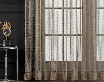 Custom Size Luxury Mesh Sheer Curtains for Living Room, White Cream Gray Brown Color Options, Weft Knitted Shiny Fabric Panel for Farmhouse