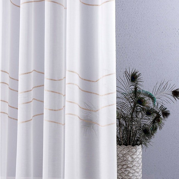 Custom Size Luxury Striped Soft Sheer Curtains, White Cream Milk Coffee Color Options, Transparent Elegant Bedroom Window Door Curtains