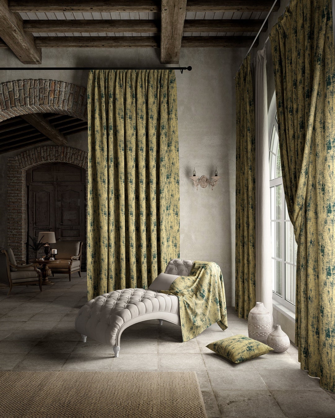 Patterned Living Room Farmhouse Decor Curtains, Handmade Drapery Panels ...