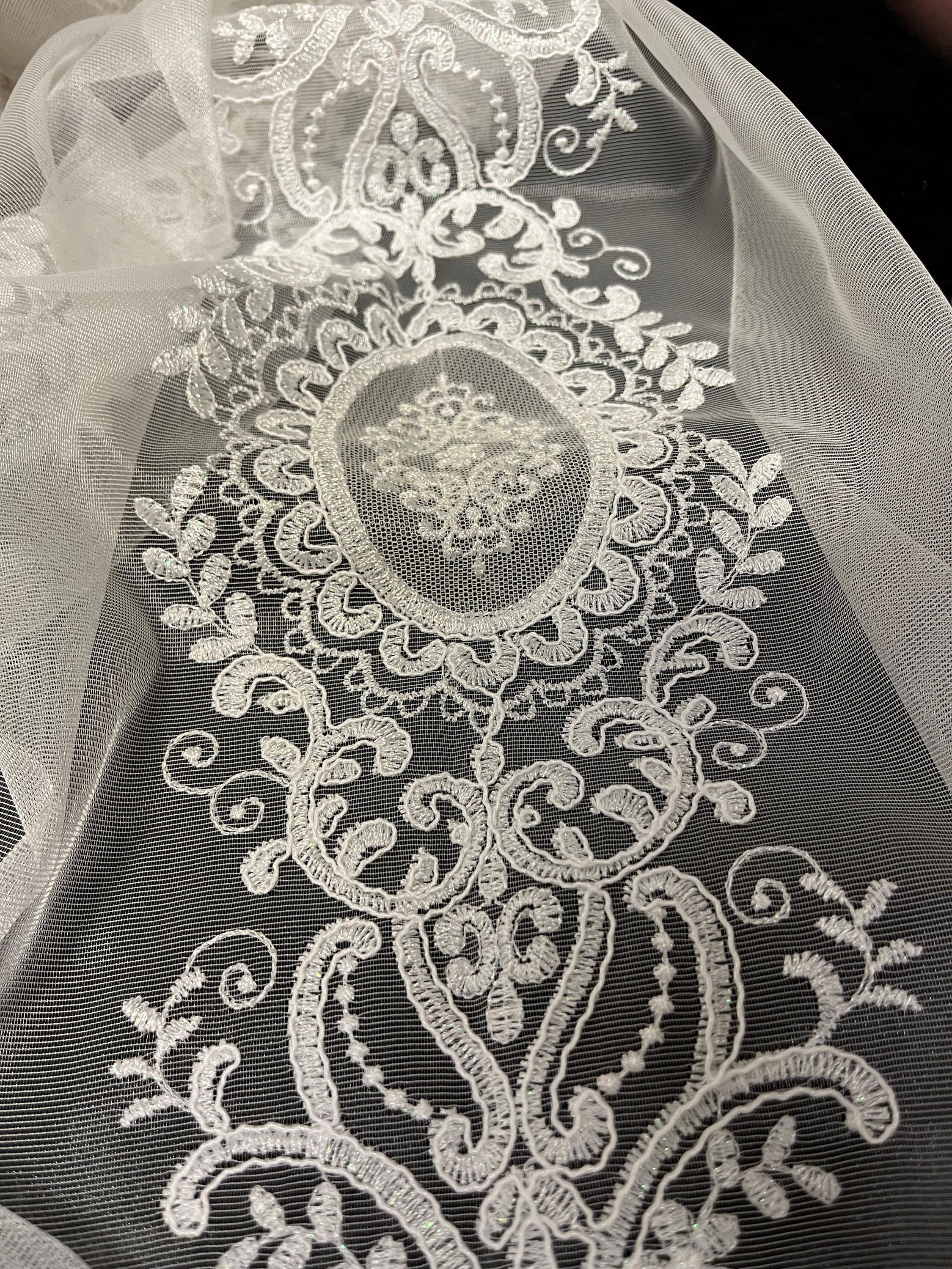 Custom Size Ecru White Silver Embroidery Pattern Tulle Sheer
