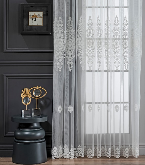 Custom Size Ecru White Silver Embroidery Pattern Tulle Sheer