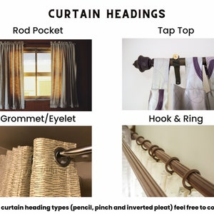 May include: A visual guide to different curtain headings, including rod pocket, tap top, grommet/eyelet, and hook & ring. Each heading style is illustrated with a close-up image of the curtain and hardware.
