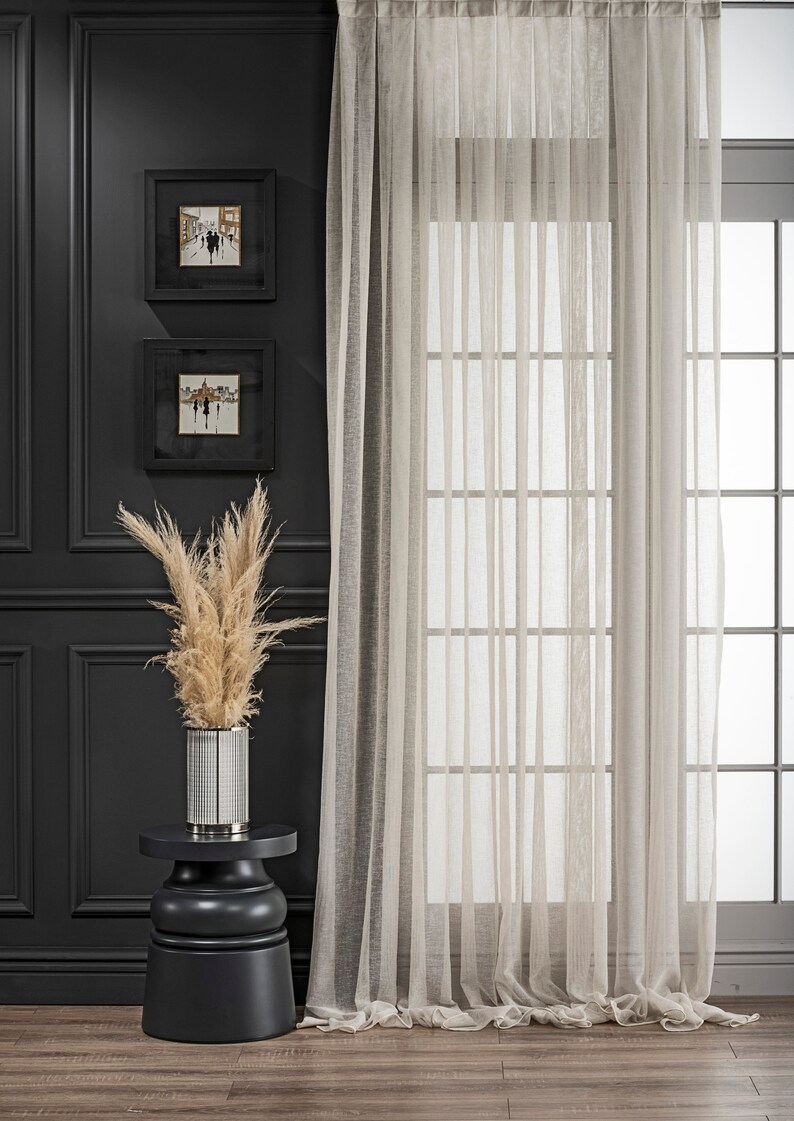Luxury Custom Size Linen Tulle Sheer Curtains, Natural Minimalist Home Decor Linen Window Curtains, Tulle Fabric Panel Pair, Gift for Her image 7